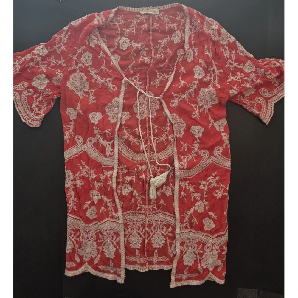 Coral Red Embroidered Cover Up Sz L Tassel Tie Kimono Short Sleeve Boho Cutie